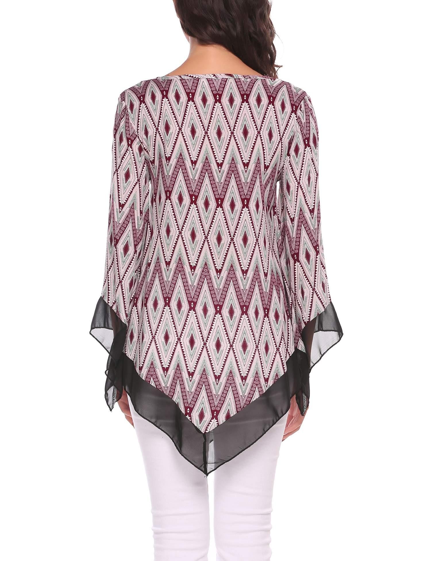 Zeagoo Women\'s Floral Printed Long Bell Sleeve Casual Flare Tunic for Leggings Loose Tops Blouse Wine Red/M