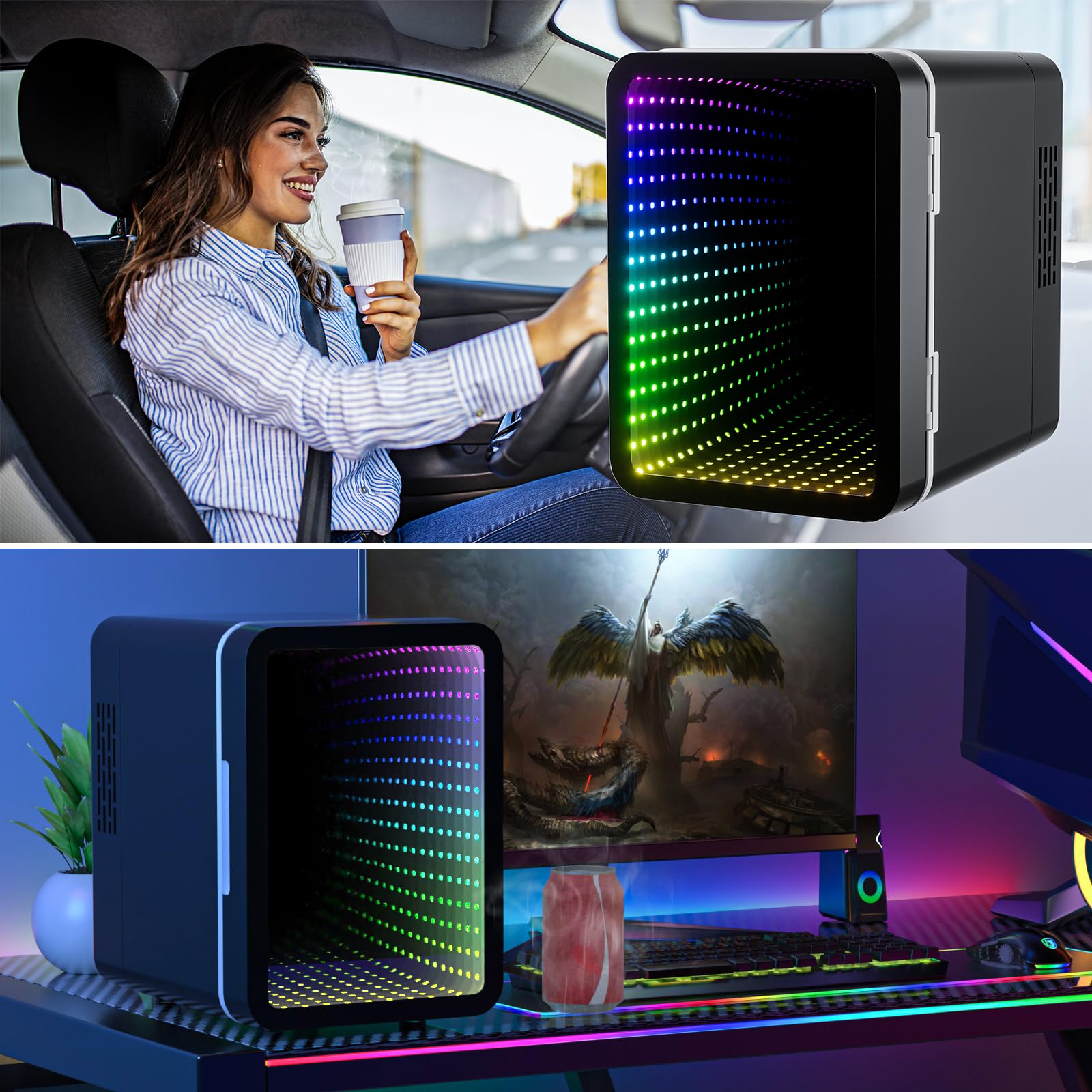 Mini Fridge, 6 Cans Small Refrigerator With LED Light, AC/DC Thermoelectric Cooler and Warmer, Ideal for Bedroom, Office, Gaming Room and Car, 12 Colors Light Effects, Mirror Screen Door