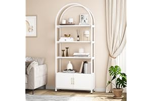 4 Tier Arched Bookshelf with Doors Storage, 71.5 Inch Tall Industrial Book Shelf with Metal Frame, Open Curved Bookcase, Disp