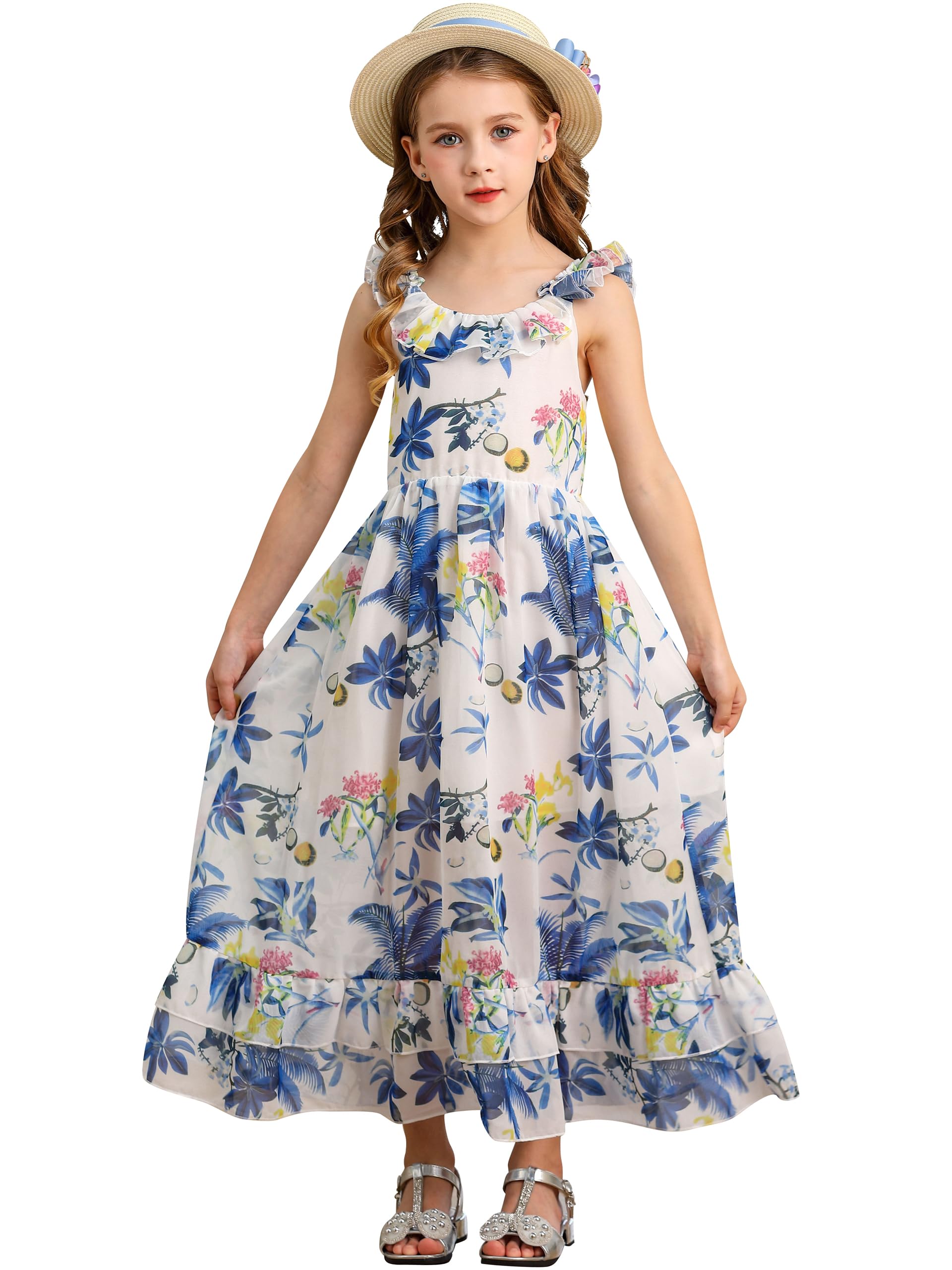 Photo 1 of Bonny Billy Girls' Spaghetti Straps Casual Bohemian Beach Maxi Long Dress 5-6 Years Blue