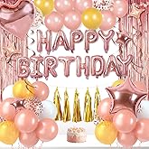 Rose Gold Birthday Decorations for Women Girls 18th 21st 30th 40th 50th BD Party Supplies with Happy Birthday Balloons, Fringe Curtain, Hanging Swirl, Tassel, Stars Heart Balloons