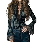Lace Deep V Neck Velvet Blouse for Women Floral Print Lace Cuffs Long Flare Sleeve Blouse Tops