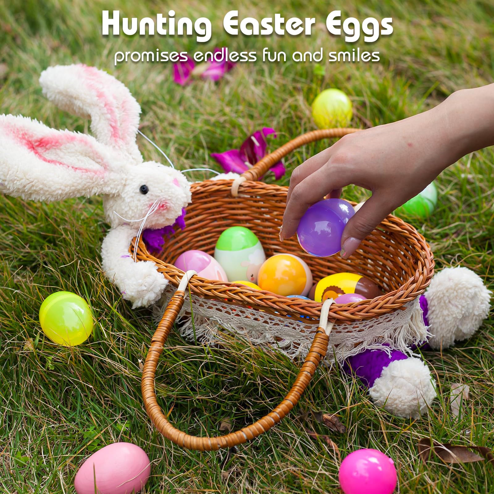 Exun Wicker Easter Basket with Stuffed Bunny Plush and Handle for Kids Girls Boys Toddlers - Brown Hand Woven Willow Basket for Egg Hunt Rabbit Eggs Gift Bags Portable Party Candy Storage Decoration
