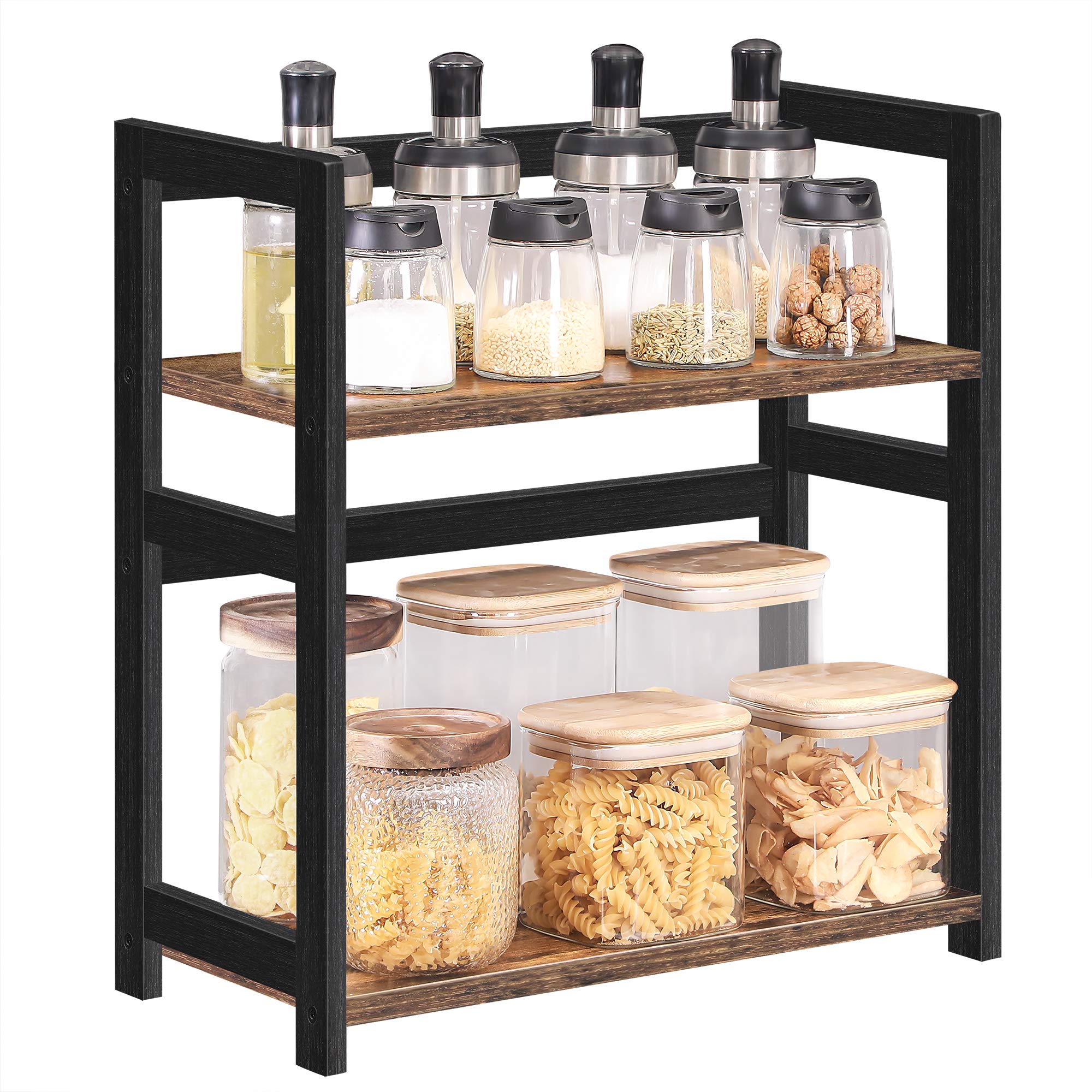 SONGMICS Spice Rack OFS046B01, 2 Tier Storage Rack, Desktop Organiser, Bamboo Frame, for Kitchens, Dining Rooms, Offices, Rustic Brown and Black
