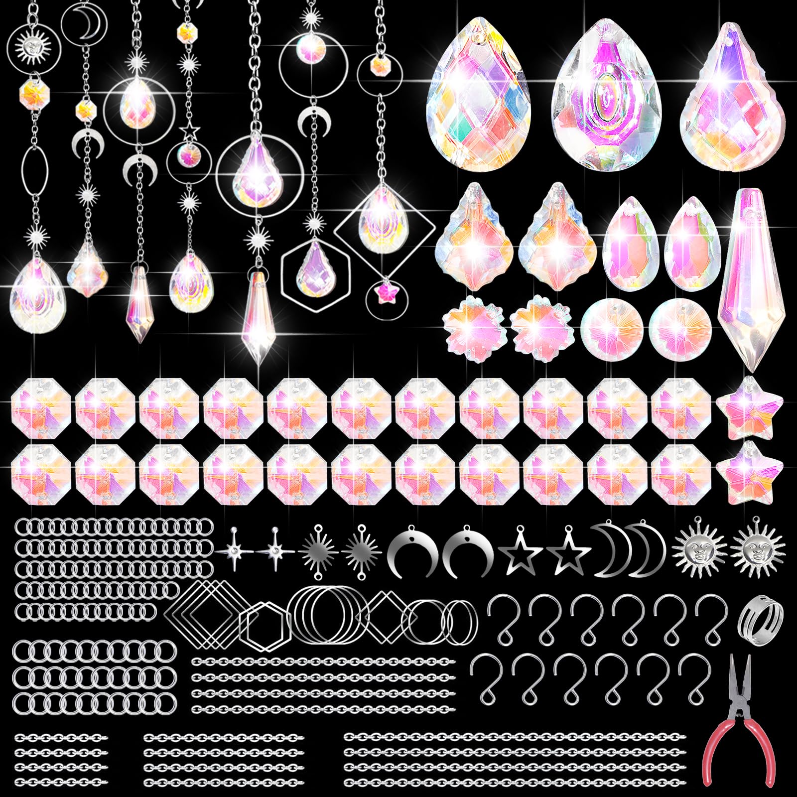 Mispudin 230 Pcs Crystal Suncatcher Diy Kit, Sun Catchers for Windows with Silver Chain Star Sun Moon Pendants, Hanging Crystal Prism for Garden, Rainbow Crystals Window Decorations Hanging