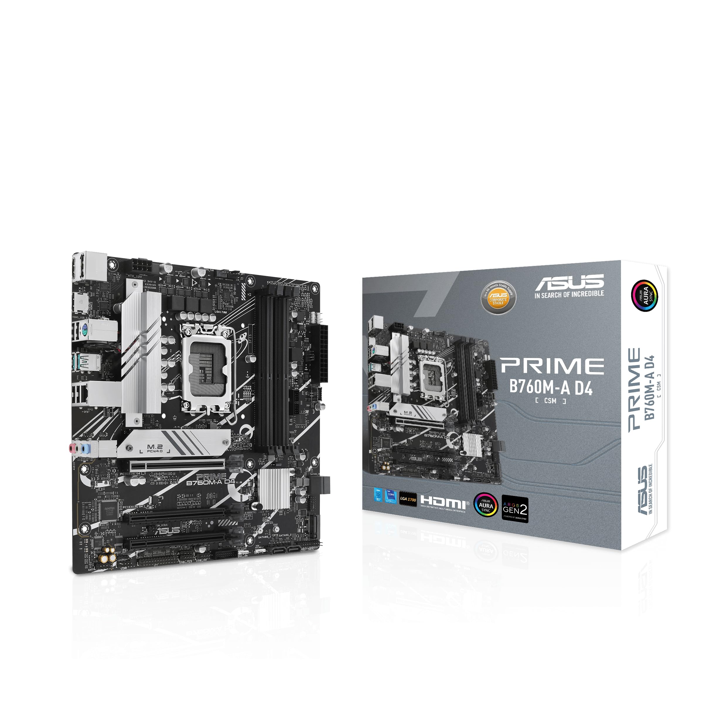 Photo 1 of ASUS Prime B760M-A D4-CSM Intel B760 (LGA 1700) mATX Commercial CSM Motherboard, PCIe 4.0, DDR4, 2X M.2, 2.5Gb LAN, DP, 2X HDMI, SATA 6 Gbps, USB Type-C, Aura Sync, ASUS Control Center Express