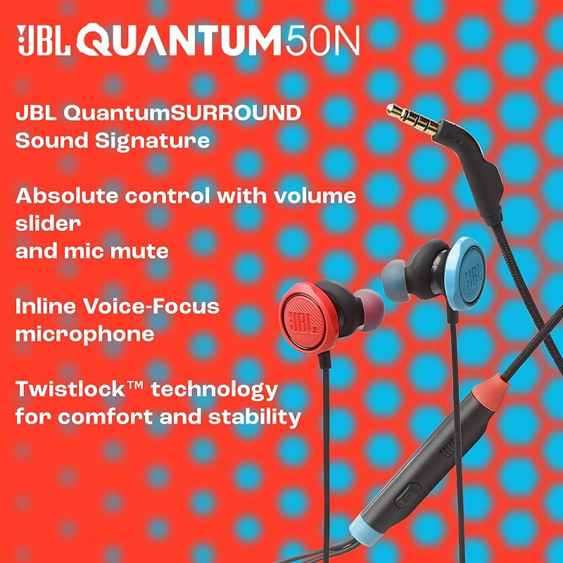 Quantum 50N, auscultadores gaming intra-auriculares com fios, USB-C, JBL Quantum SURROUND, microfone, botão de volume e de silêncio, compatibilidade multiplataforma, azul e vermelho