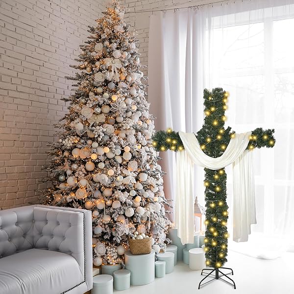 6FT ARTIFICIAL CHRISTMAS CROSS TREE WITH A STRING LIGHTS AND A WHITE SILK SCARF CHRISTMAS EASTER DECORATIONS JESUS CHRIST CATHOLIC CROSS DECOR HE IS RISEN DECORATIVE CROSS TREE FOR OUTDOOR HOME DECOR
