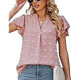 KYLELOVE Womens Business Casual Blouses V Neck Ruffle Sleeve White Shirts Dressy Summer Tops