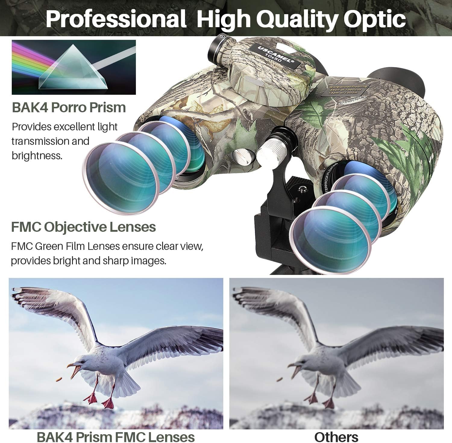 USCAMEL 10x50 Marine Binoculars for Adults, Waterproof Binoculars with Rangefinder Compass，BAK4 Prism FMC Lens Binoculars with Tripod Adapter for Navigation Bird Watching Hunting : Camera & Photo