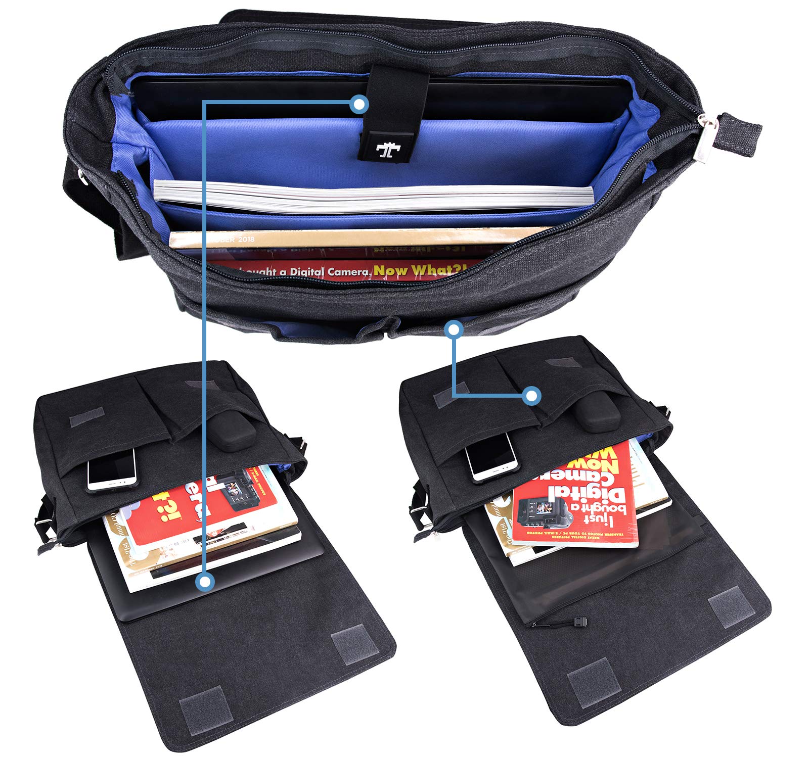 TRAVANDO Laptoptasche 14-16 Zoll Laptop Tasche Herren Umhängetasche Canvas Segeltuch Kuriertasche Messenger Bag Herren für Arbeit Schule Freizeit Notebook Tasche (Schwarz) 3