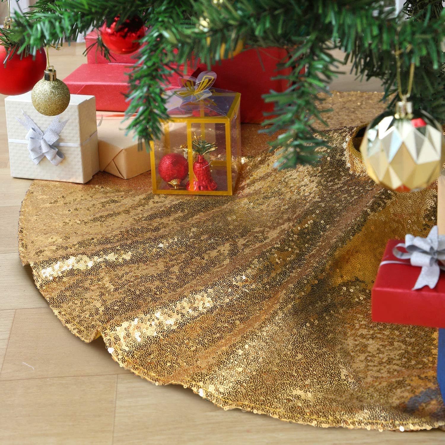 B-COOL 48 Inch Gold Xmas Tree Skirt Christmas Decorations Sequin Tree Skirt Cover New Year Party Indoor Holiday Tree Ornaments: Home & Kitchen