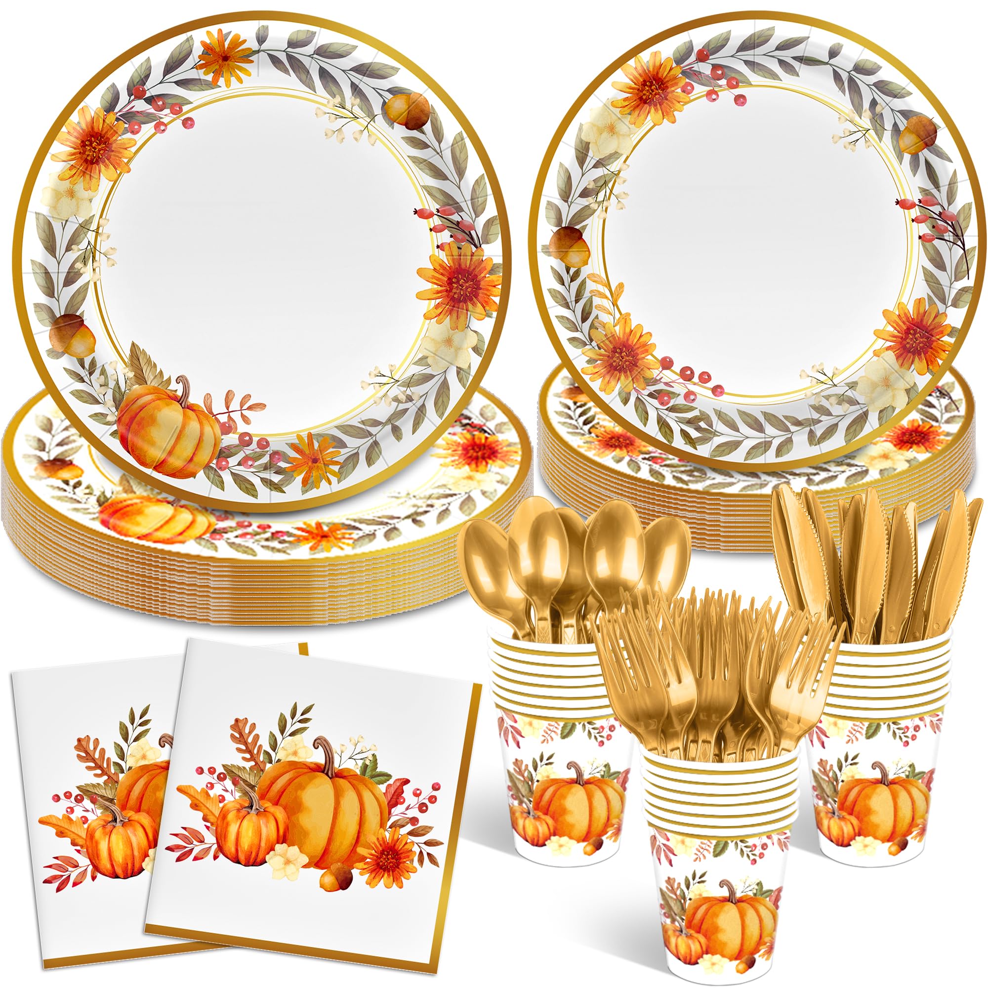 Photo 1 of 168Pcs Fall Thanksgiving Paper Plates and Napkins for Thanksgiving Fall Theme Autumn Leaves Pumpkin Party Supplies