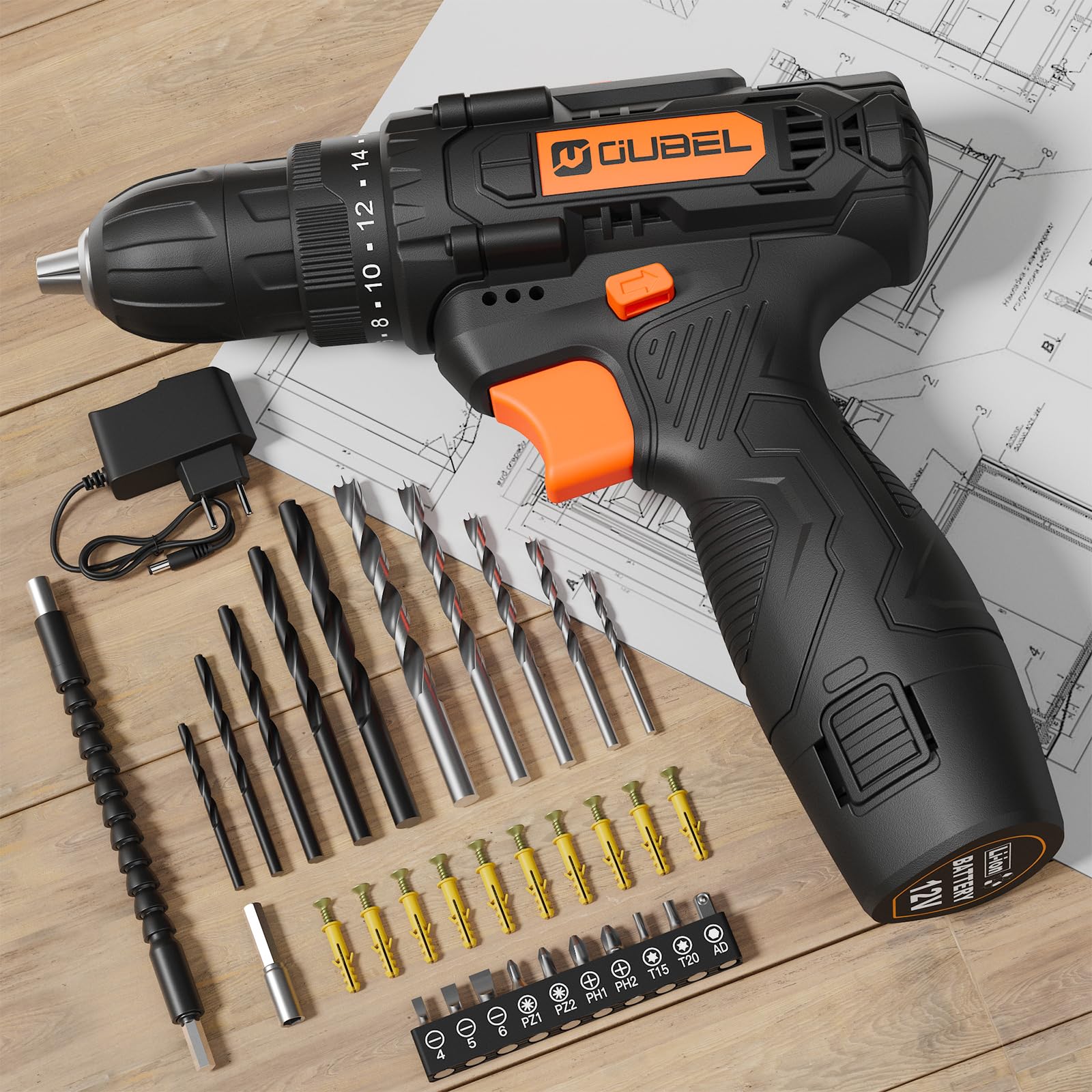 Drill Set, OUBEL 12V Cordless Drill with 42 Acessories, Home Power Drill Cordless with 3/8