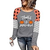 Thanksgiving Shirts for Women: Thankful Pumpkin Graphic T-Shirt Casual Turkey Fall Long Sleeve Tee Tops