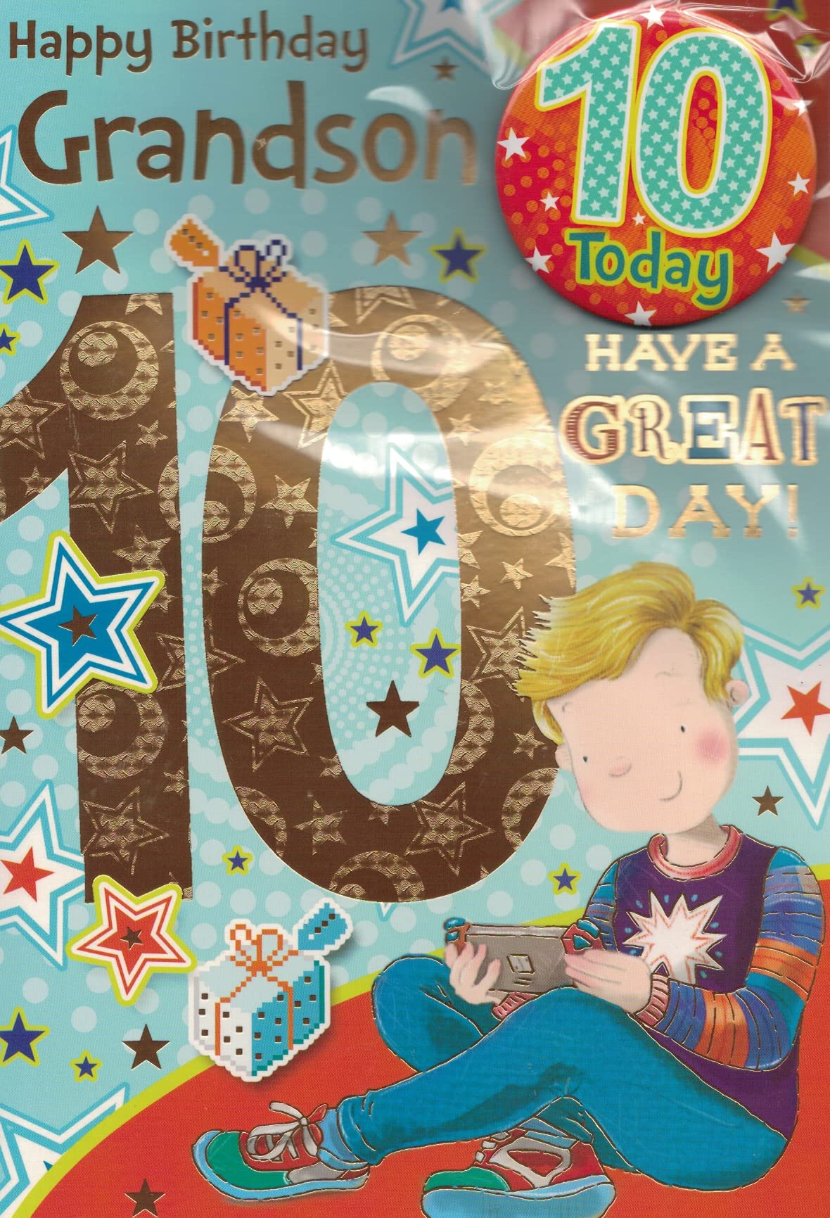GRANDSON AGE 10 TEN BIRTHDAY CARD WITH BADGE**9 X 6 INCHES**1DT CLASS POST**AE7*