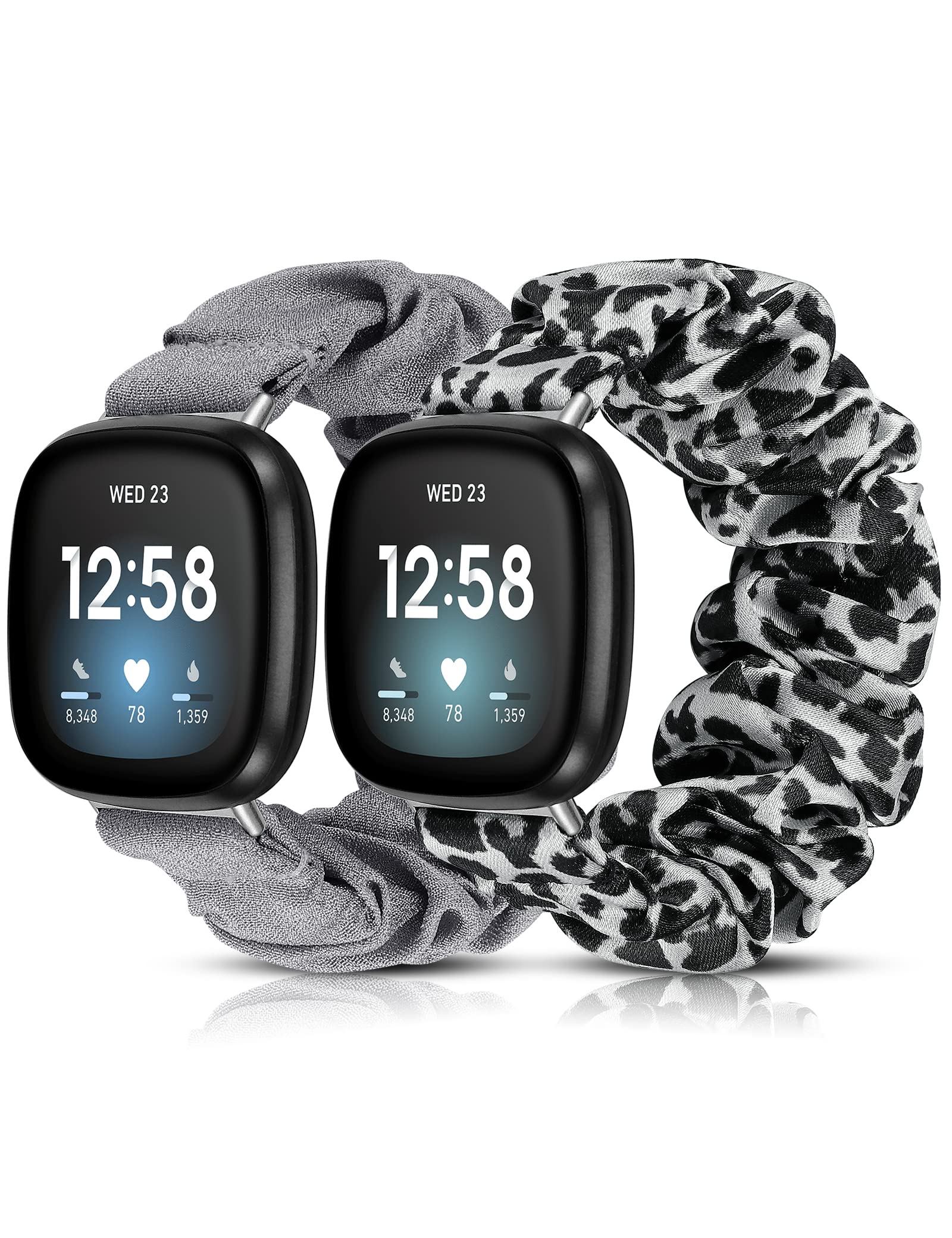 TOYOUTHS 2Pack Scrunchies Compatible with Fitbit Versa 4/Fitbit Sense 2/Fitbit Versa 3/Fitbit Sense Straps, Women Soft Stretchy Elastic Replacement Band, Black Leopard+Grey, S