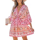CUPSHE Women Casual Boho Sundress Summer Floral Print Tie Front Dress 3/4 Sleeves Paisley Beach Mini Dresses