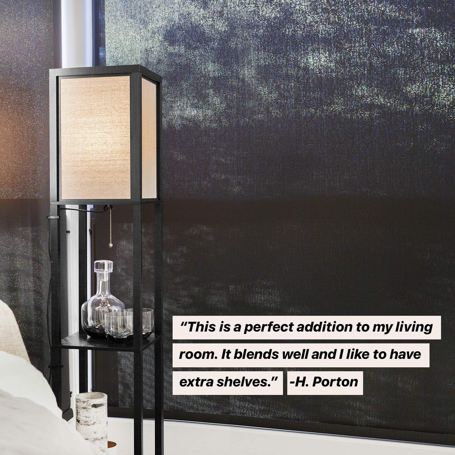 Brightech Maxwell - Modern LED Shelf Floor Lamp - Skinny End Table & Nightstand for Bedroom - Combo Narrow Side Table with Standing Accent Light Attached - Asian Tower Book Shelves - Black - - 