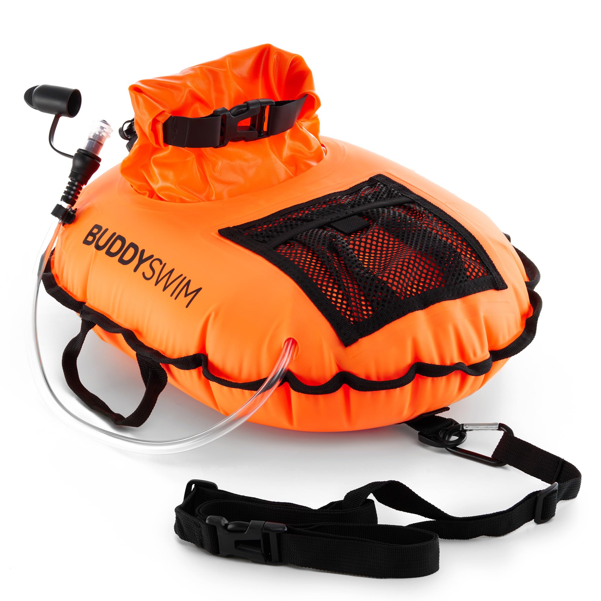 BUDDYSWIM Open Water Swim Buoy Hydration PRO with Easily Accessible Central Watertight Pouch for Storage of Belongings, Water Bottle or Food. Includes Waterproof Mobile Phone Case.