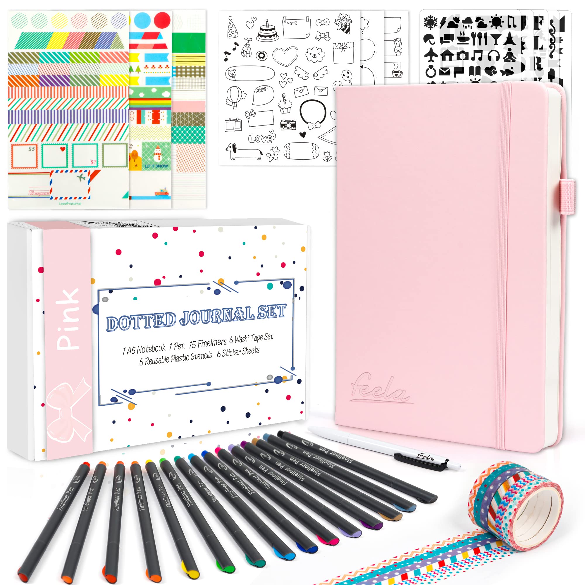feela Bullet Journal Kit, A5 Dotted Notebook Set with 15 Coloured Fineliners, 5 Stencils, 6 Stickers, 6 Washi Tapes & Black Pen for Beginners & Adults, Journaling Supplies for Plan & Diary, Pink