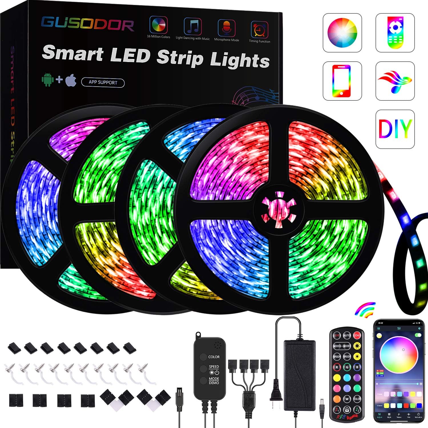GUSODOR LED Strip Lights 65.6ft RGB Light 5050 LEDs Tape Strips Rope