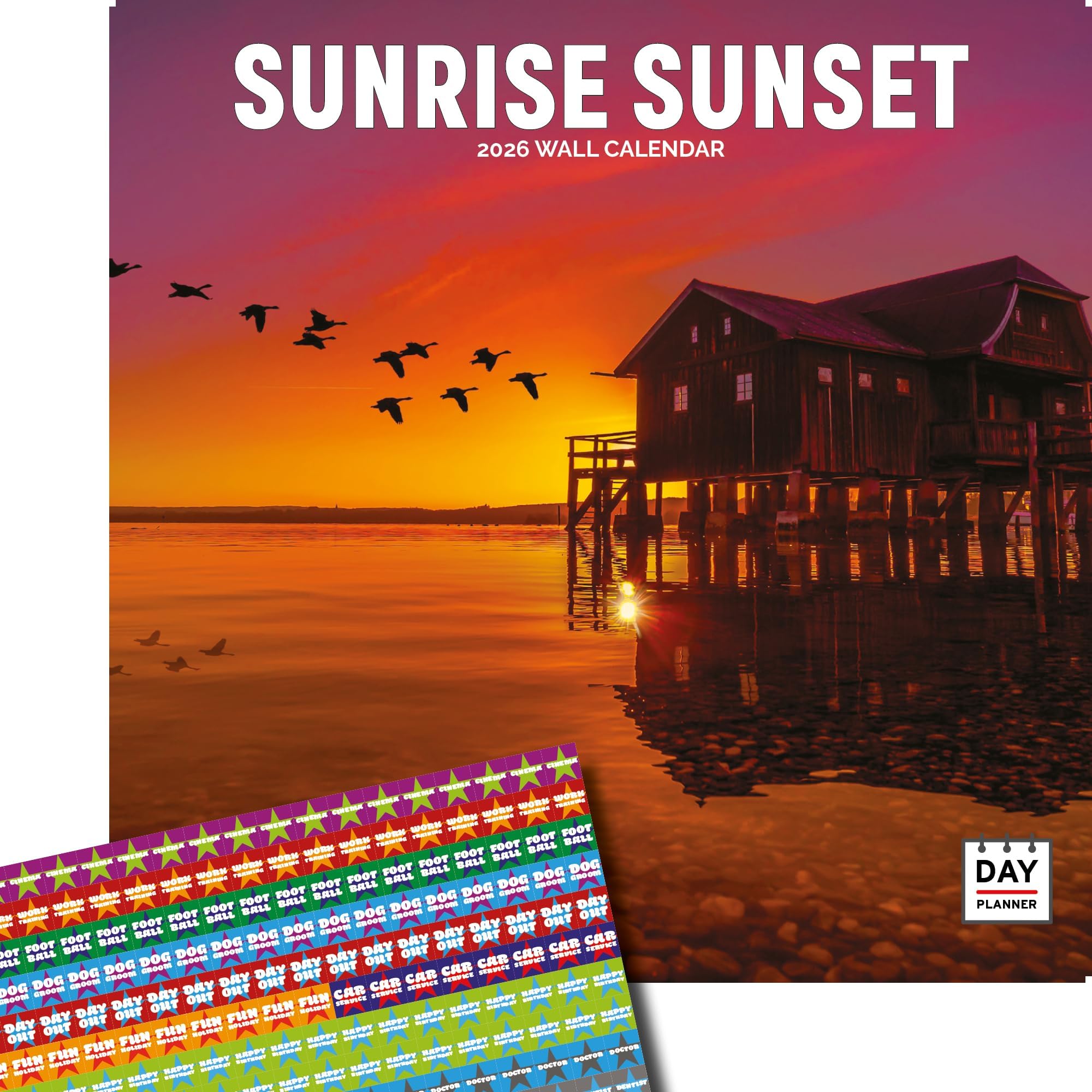 Dayplanner Publishing Sunrise Sunset Calendar 2026, Large Square Wall Calendar With Organisational Stickers, 16 Month, Sunrise Sunset Gift General Calendar