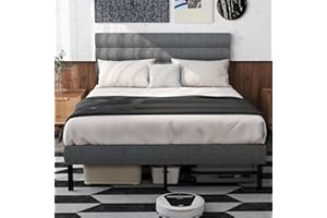 RVONOW Queen Bed Frame with Linen Upholstered Headboard, Metal Platform Bed Frame Queen Size with 14" Underbed Storage, Metal Slats Support, Noise Free, No Box Spring Needed, Easy Assembly, Grey