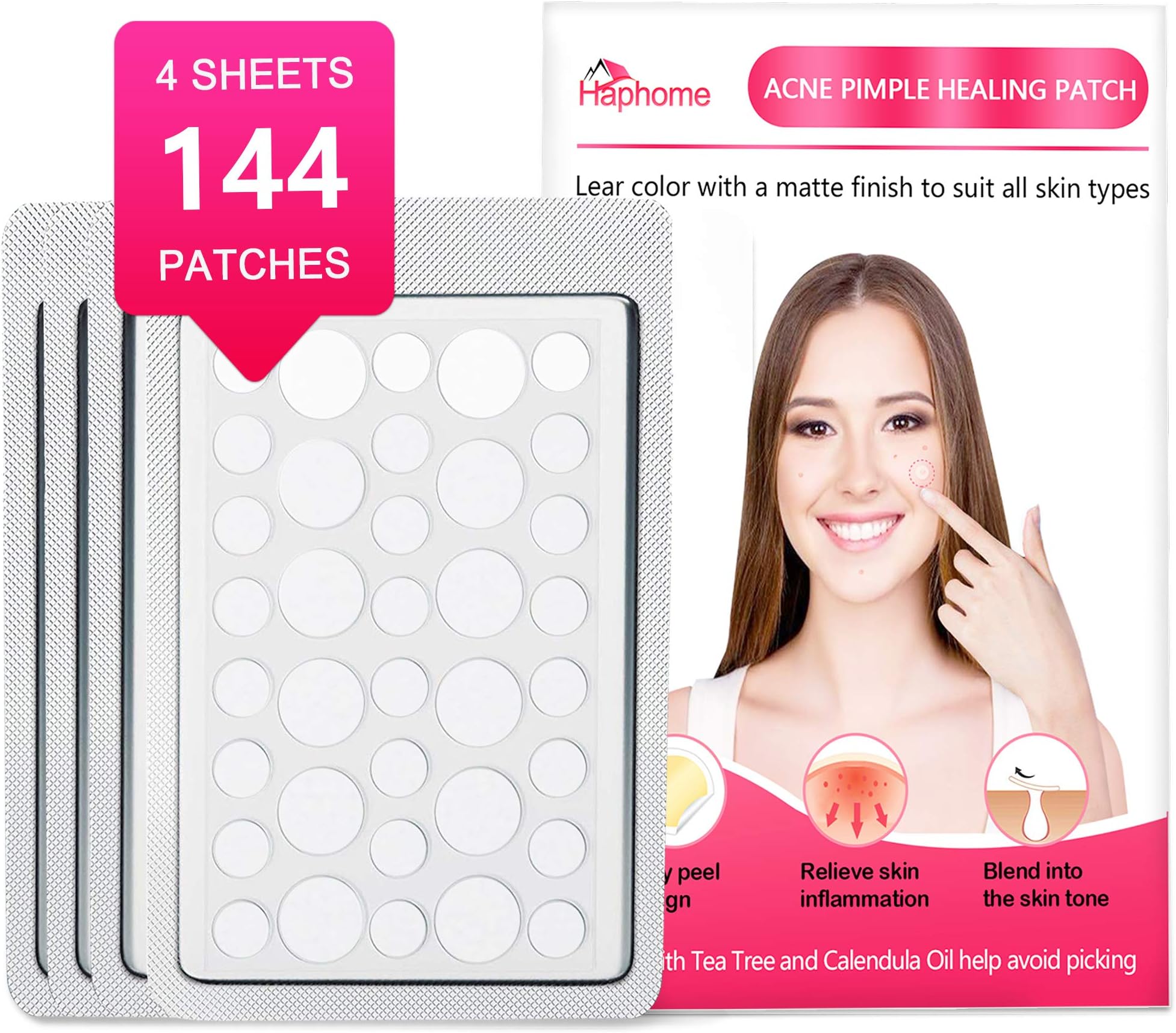 Haphome Pimple Patch, Acne Patch, Tea Tree and Calendula Oil Hydrocolloid Bandages for Acne Dots, Acne Spot Treatment Zit Patch (144 Patches, 4 Pack)