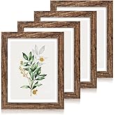Hongkee 11x14 Picture Frame Set of 4, Made of Glass and Rustic Brown Wooden Frame, Display 8x10 Pictures with Mat or 11 x 14 Posters without Mat for Wall Mounting, Gallery Photo Frames