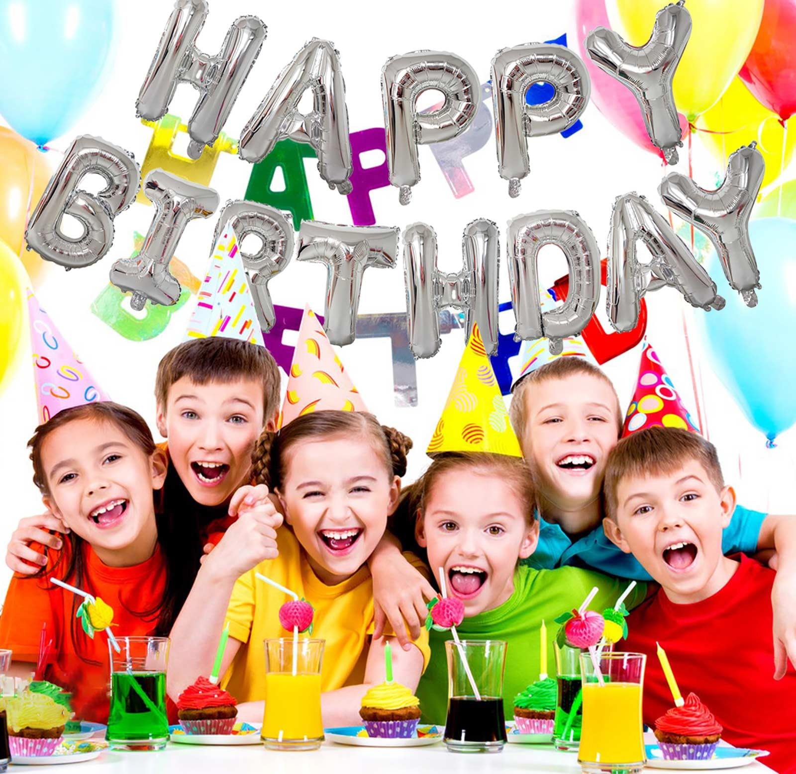 KALOR Silver Happy Birthday Balloons Banner,16 Inch Mylar Foil Letters Sign,Reusable Balloons for Women, Men, Boys & Girls Birthday Decorations Party Supplies