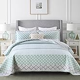 DDUOXIN Floral Quilt King Size - 100% Cotton Reversible King Quilt with 2 Pillow Shams, Farmhouse Soft Bedspreads Lightweight Stripe Quilts Bedding Set, Green/Grey
