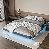 Muluflower Floating Bed Frame King Size with LED Lights and Charging Station, Grey Linen Metal Platform Bed Frame, Easy Assembly, No Box Spring Needed (King)
