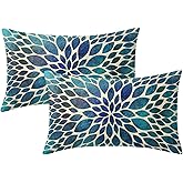 Spring Teal Dahlia Pillow Covers 12X20 In Navy Blue Teal Floral Lumbar Pillow Cases Modern Abstract Recgantle Throw Pillows Set Of 2 Summer Home Decor For Living Room Bedroom Bed Cushion Outdoor