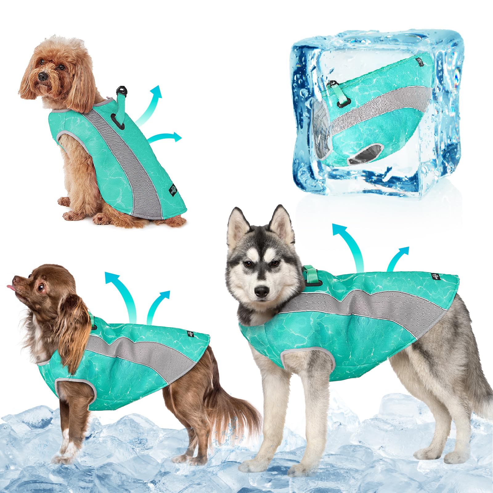 TOPSOSO Dog Cooling Vest Jacket with Double Adjustable Zippers and Buckle, Sun Protection Evaporation Ice Vest for Pet Dogs, Effective Cooler Dog Summer Coat for Outdoor Hunting and Camping (Green, S)