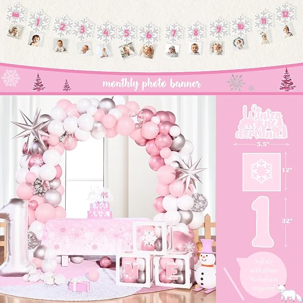 WINTER ONEDERLAND 1ST BIRTHDAY DECORATIONS GIRL,WINTER SNOWFLAKE 1ST BIRTHDAY PARTY SUPPLIES,WINTER WONDERLAND FIRST DÉCOR KIT,OUR LITTLE SNOWFLAKE IS TURNING ONE BALLOON GARLAND BANNER FOR 1ST GIRL