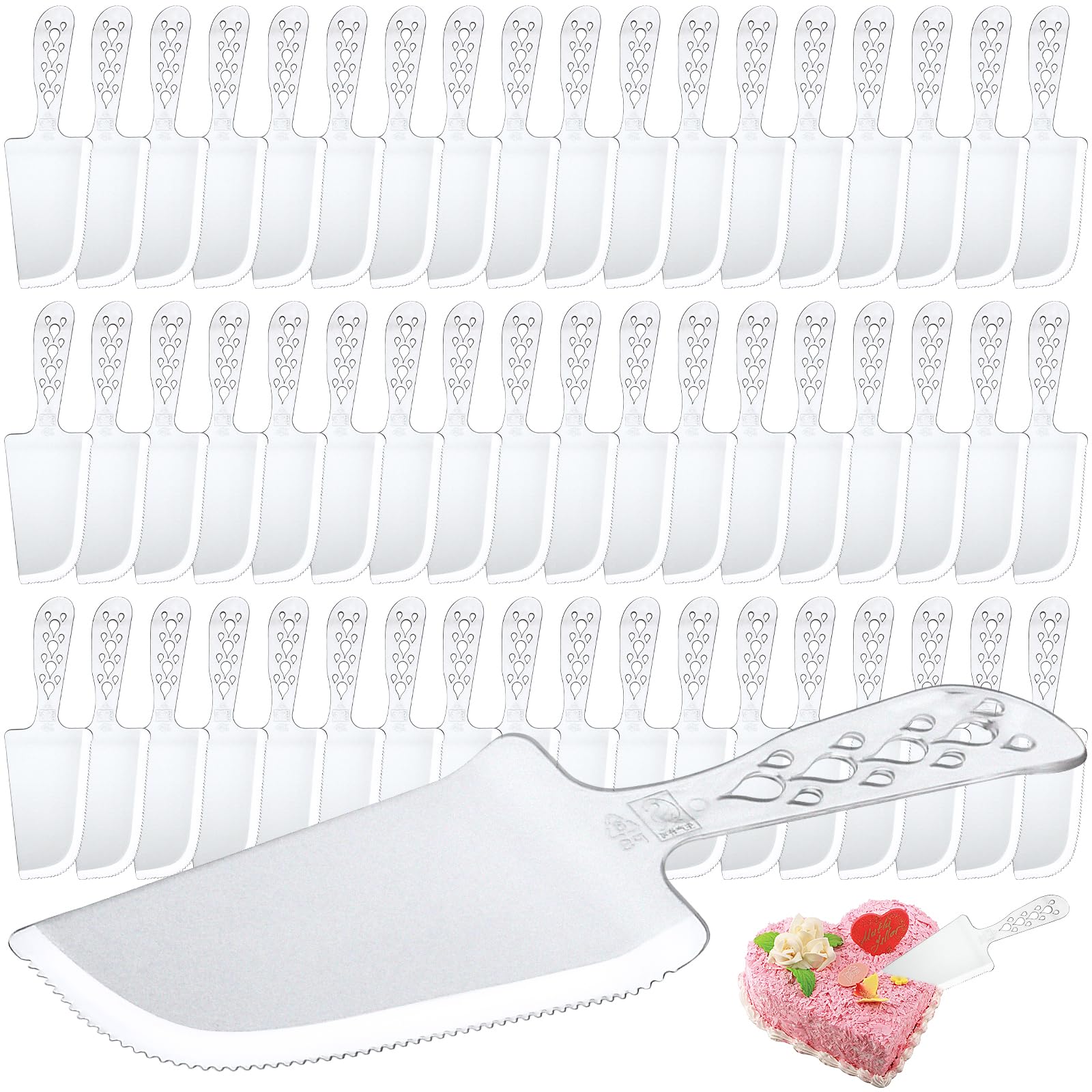 Photo 1 of Aemygo 100 Pieces Disposable Plastic Cake Cutter, Disposable Clear Cake Cutter and Server, Plastic Cake Serving Knife Dessert Server Cutter Utensils for Pie Tart Pizza Pastry Kitchen Wedding Bakery