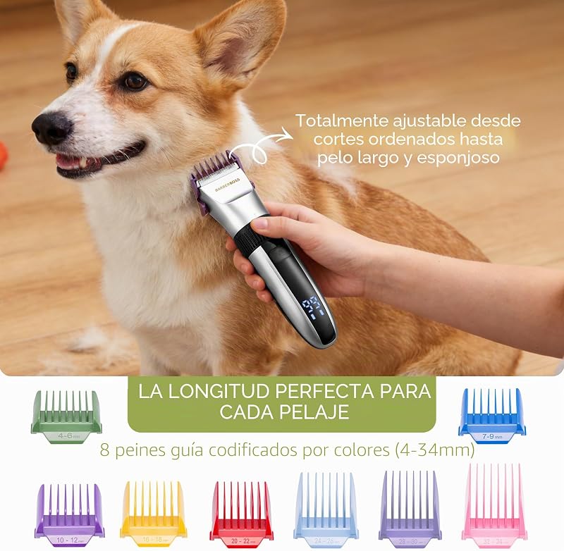 Máquina de cortar cabelo sem fios para cães, impermeável, lâminas cerâmicas, ecrã LED, carregamento rápido, máquina elétrica para animais (prateada e branca)