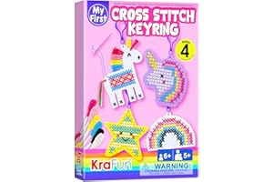 KRAFUN Cross Stitch Kits for Kids Beginners, 4 Unicorn Cross Stitching Keyrings Arts & Crafts, Needlepoint Embroidery Kit for Girls 5-13 Craft Kit Backpack Charms, Ornaments