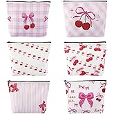 JFEHBFL 6 Pack Pink Makeup Bag, Cute Bow Cherry Cosmetic Bags for Women, Preppy Makeup Bag with Zipper, Small Pouch, Pencil Case, Cherry Gifts Bow Party Favors for Birthday Christmas Graduation