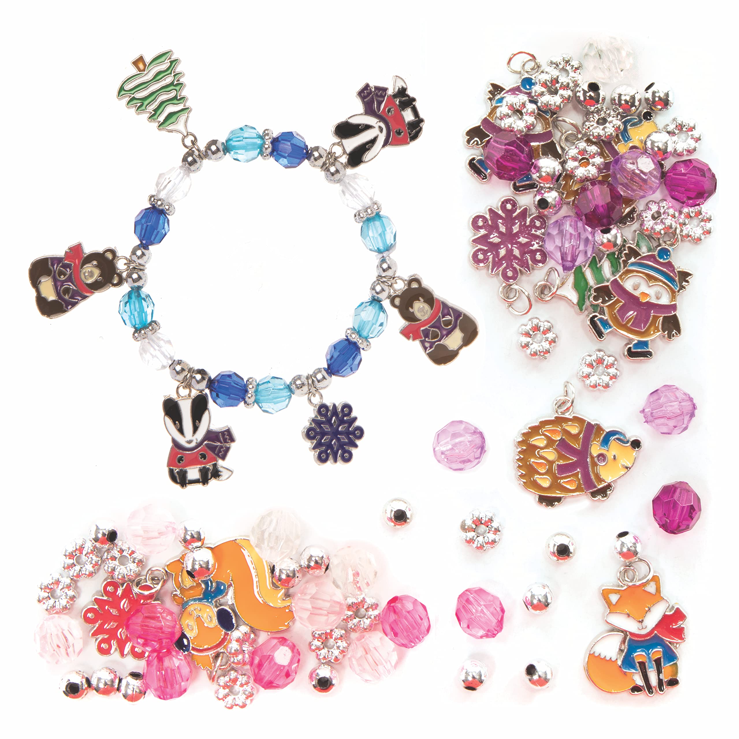 Baker Ross FC283 Winter Woodland Charm Bracelet Kits - Pack of 3, Perfect for Kids Jewellery Making, Bead Art or Birthday Party Craft Activities, Xmas Craft Gifts for Girls,Silver,White