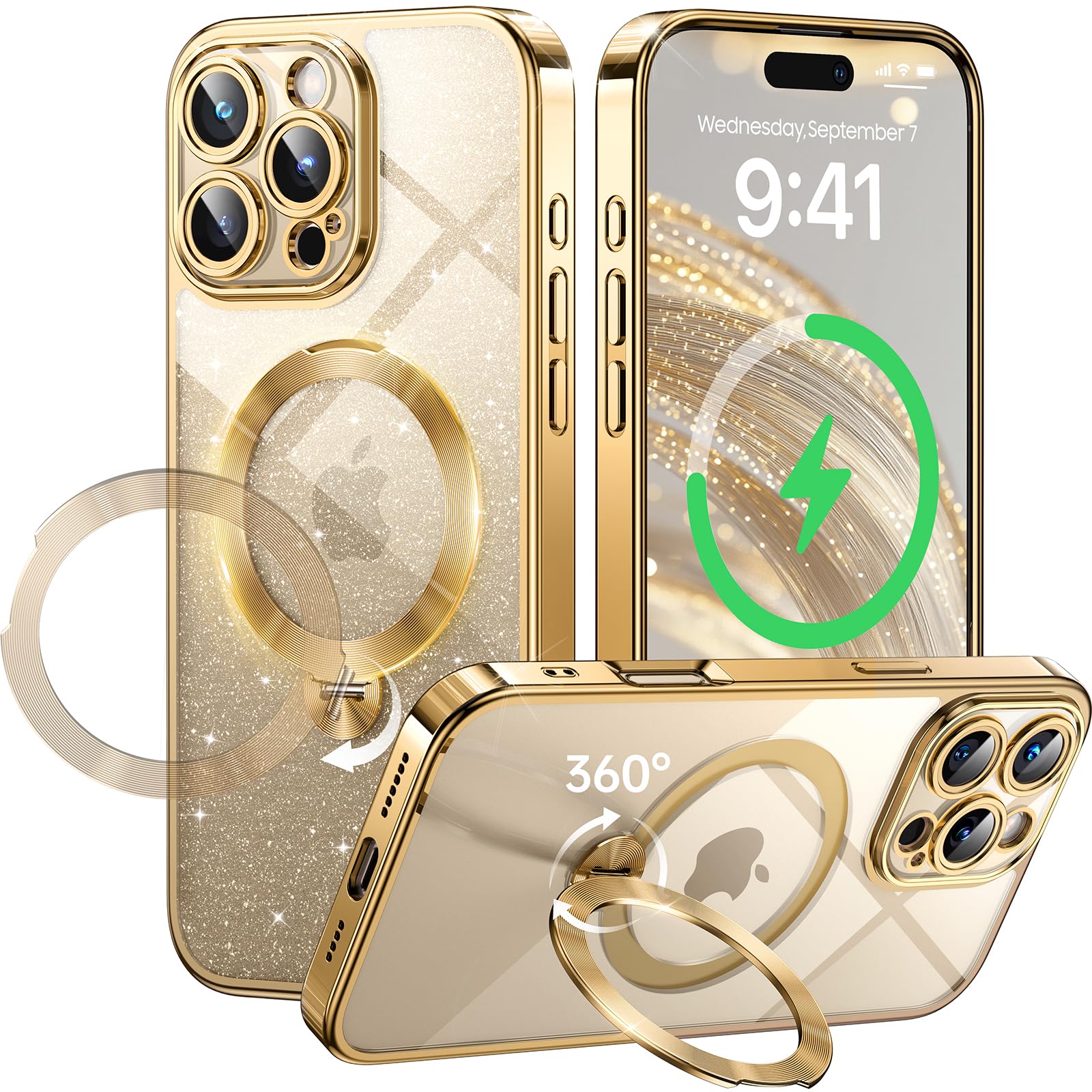 Photo 1 of 360° Spin CD Stand for iPhone 16 Pro Max Case Compatible with Magsafe Ring [Never Yellow][DIY Glitter Cardstock] Camera Protection Plating Clear Cute Phone Case for Women Girls 6.9'', Gold