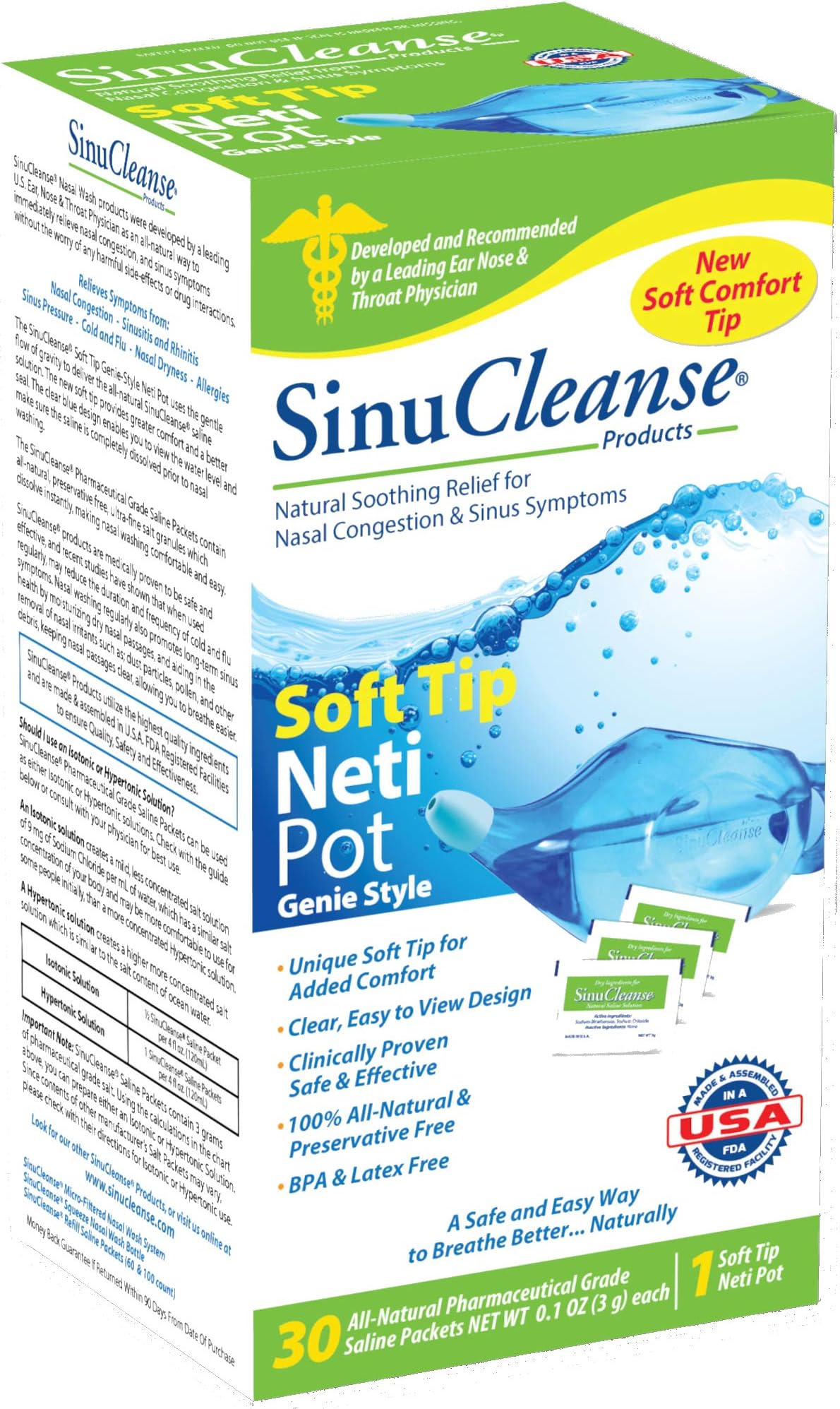 SinuCleanse Nasal Wash System, Plastic Soft Tip Neti Pot - 30 Salt Packets each (Pack of 1)