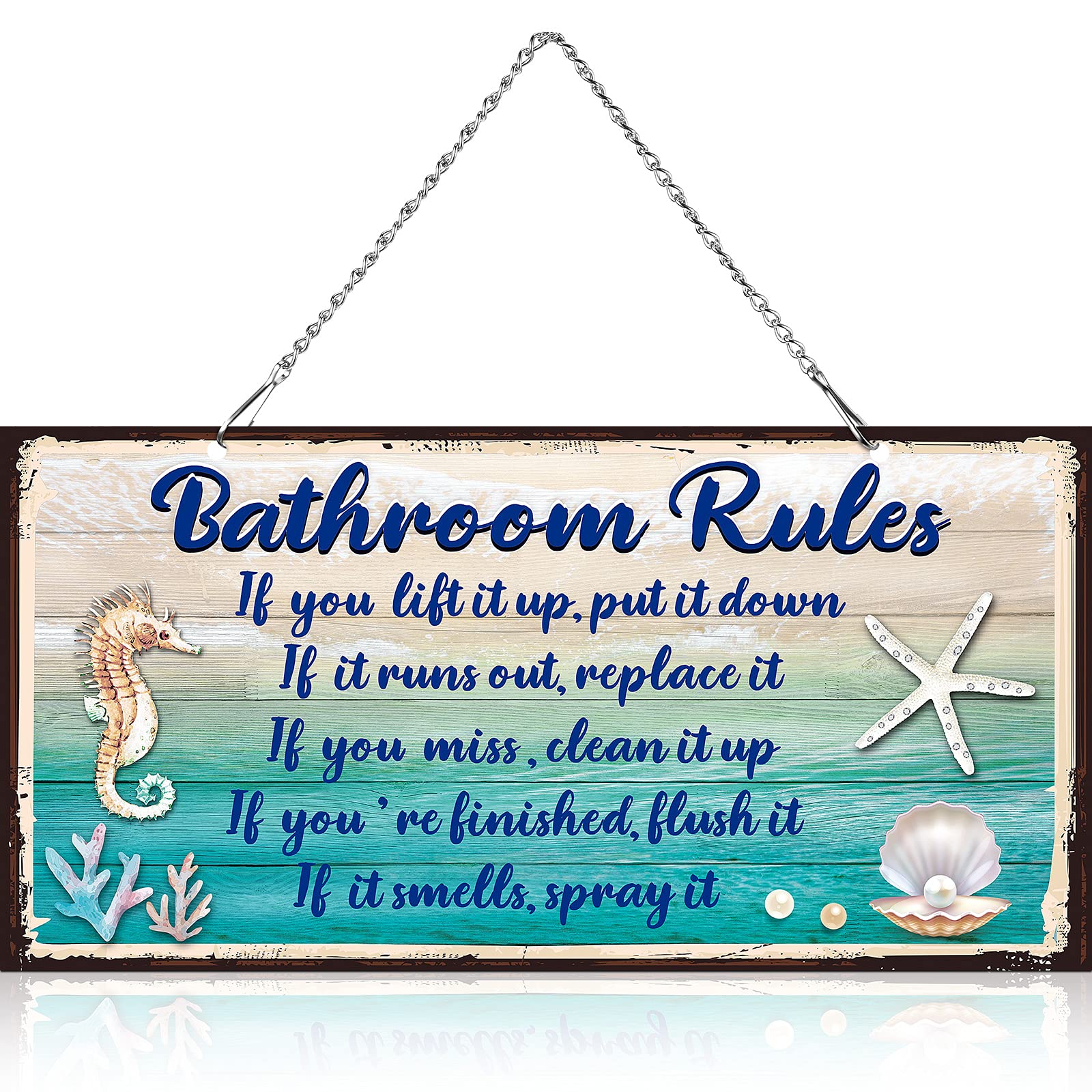 Seashell Bathroom Rules Decor Signs Wall Ocean Theme Beach Seashell Starfish Decor for Metal Sign Hanging Wall Funny Bathroom Rules Art Decorative, Blue and White(12 x 6 Inches)