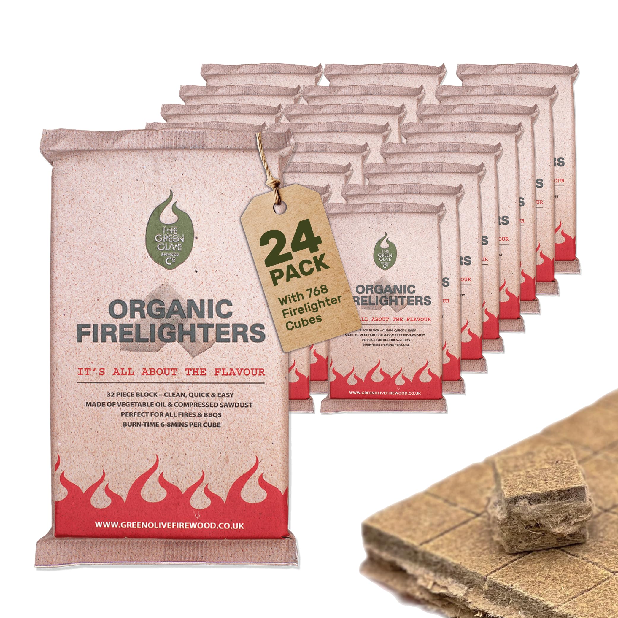 768 Natural Organic Fire lighters - Sustainable Wood Firelighters (24 packs x 32) for BBQ, Fireplaces, Stoves, Campfires - Natural Lighter - Clean & long lasting Eco Starter - By Green Olive Firewood