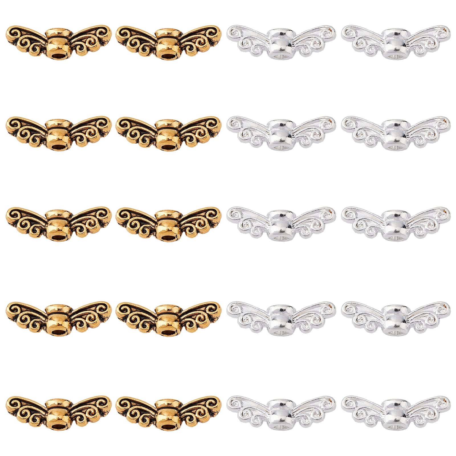 PH PandaHall 200pcs Angel Wing Beads 14mm Silver Golden Tibetan Beads Fairy Wing Bead Metal Spacer Bead for Jewellery Making Bracelets Necklaces Decoration DIY Craft, Hole: 1.5mm
