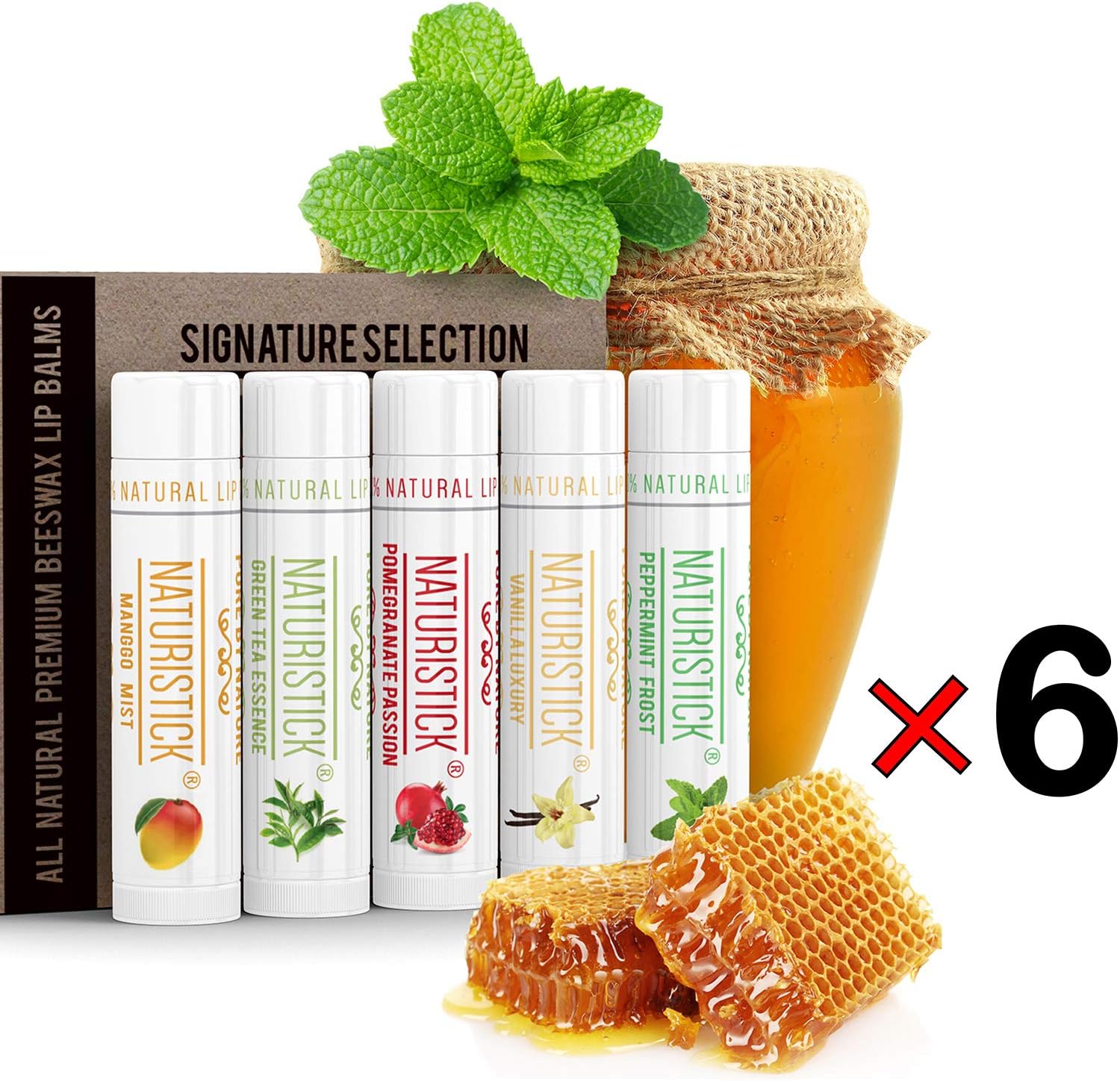 All-Natural Lip Balm Gift Set Multi-Pack by Naturistick. 6 Individual Gift Boxes (5 Sticks, 5 Flavors Each Box, 30 Sticks Total). Made in USA