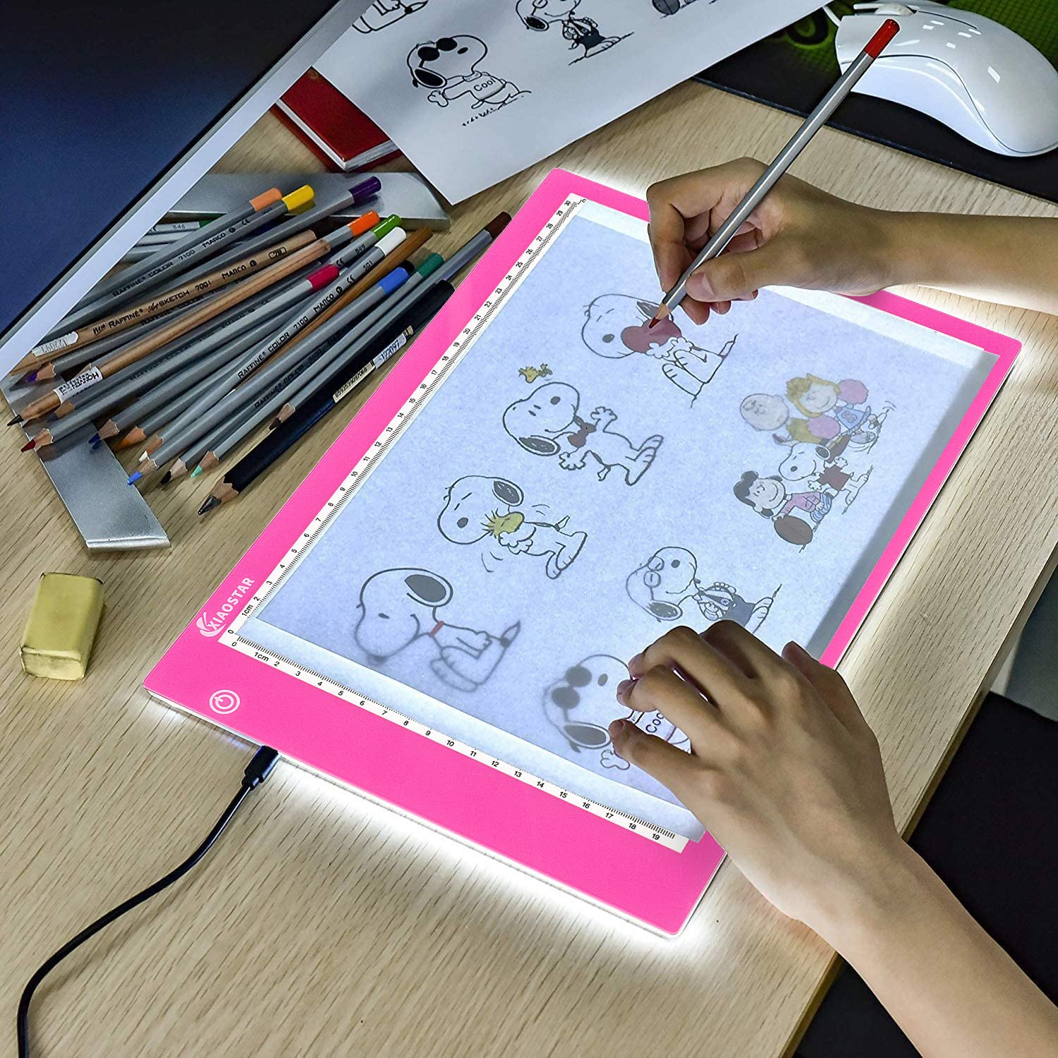 Light Box Drawing Pad, Tracing Board with Type-C Charge Cable and Brightness Adjustable for Artists, AnimationDrawing, Sketching, Animation, X-ray Viewing (A4-Pink)