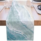 Coastal Table Runner Beach Coffee Table Runner Linen Farmhouse Dress Scarves Teal Blue Tablerunner for Kitchen Dinner Ocean Nautical Decor (13" x 36", Coastal)