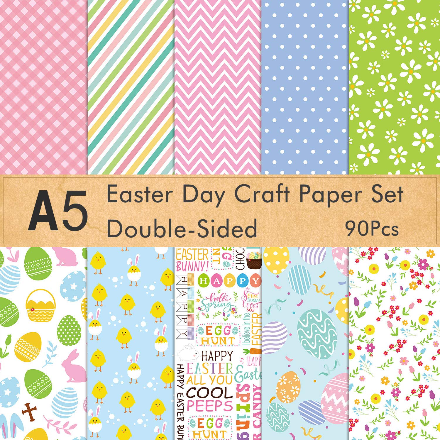 FEPITO 90 Sheets Easter Pattern Paper Set A5 Size Craft Paper for Easter Card Making Scrapbook Decoration, Double Side 10 Patterns